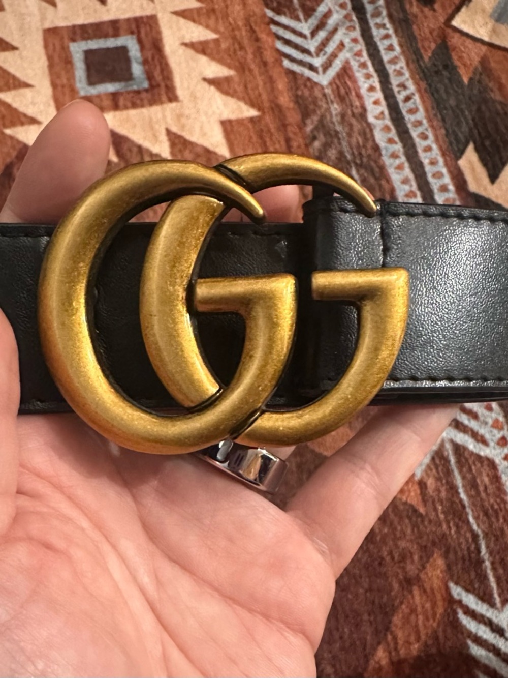 Black Leather Belt with Gold Double-G Buckle